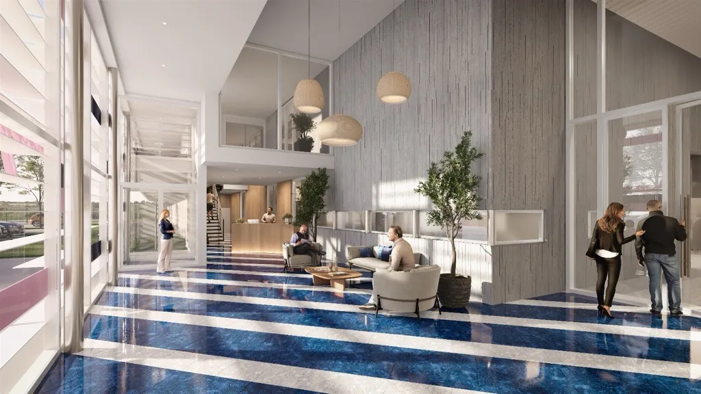 Rendu 3D du hall d'accueil du futur bâtiment CamargAqua